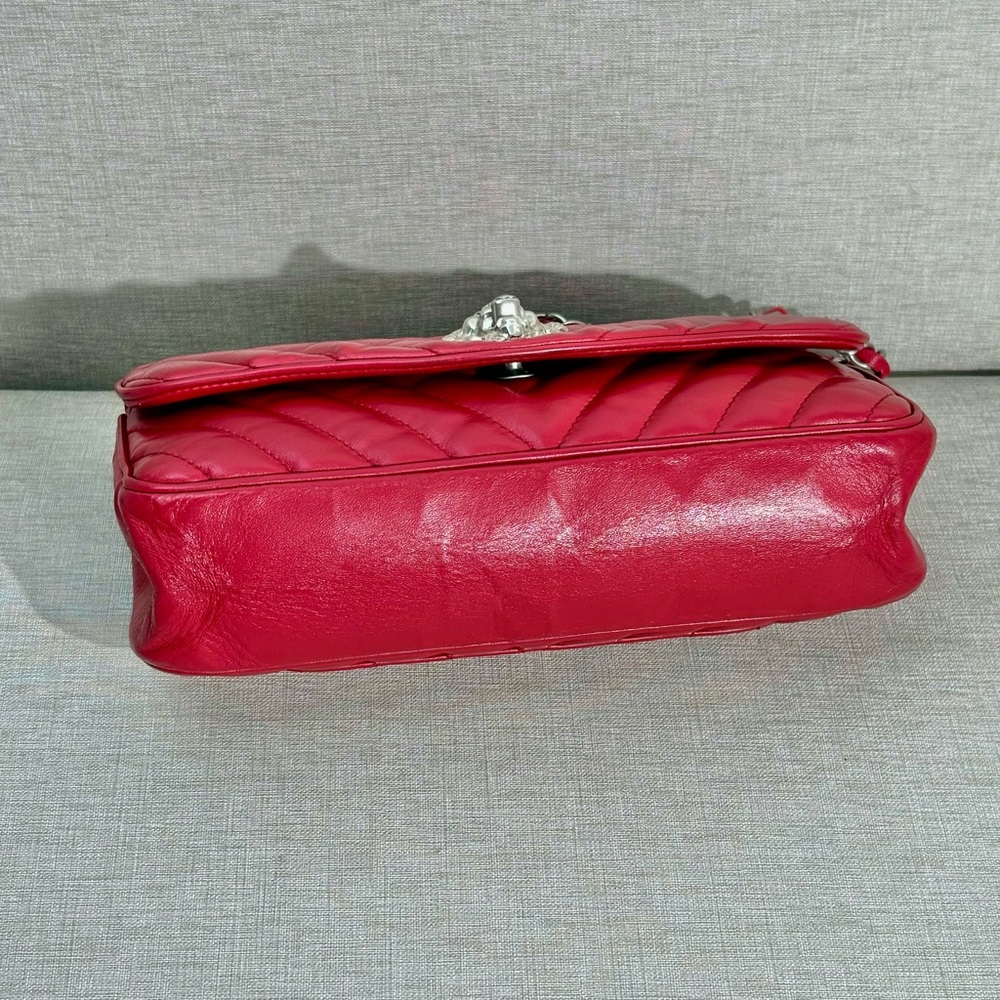 CHANEL Red Lambskin Chevron Flap Bag SHW Lion Hardware - Picture 5 of 16